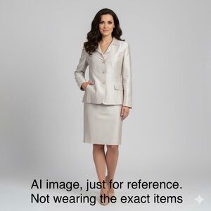 Vintage ESCADA SPORT 100% Silk Shantung Silver Blazer And Skirt Sets Size 42